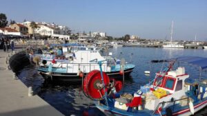 Colourful fishing boats in Zygi fishing village harbour, Cyprus